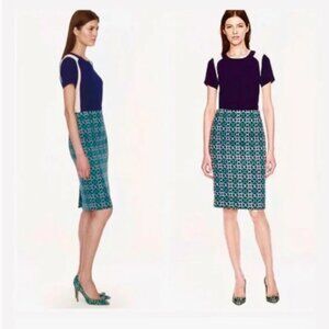 J. CREW LATTICE MEDALLION PENCIL SKIRT - SIZE 4 SMALL- GREEN BLACK WHITE